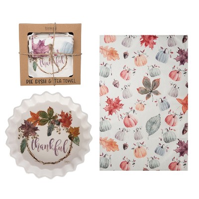 Transpac Dolomite Harvest Pie Plate and Tea Towel Gift Set Fall Dining Multicolor Ceramic Tabletop Decoration