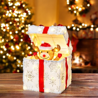 Angel Sar 12" Motorized Pop-up Reindeer Gift Box, 60 LED Lighted Christmas Decoration with Automatic Motion, Outdoor Indoor Holiday Display