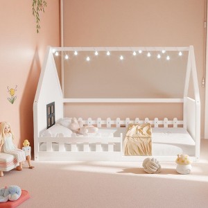 Merax Full Size Wood House Bed with Window, Fence & LED Light - 1 of 4