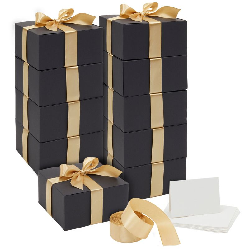 Stockroom Plus 10 Pack Black Gift Boxes with Lids, Ribbon & Greeting Cards for Birthday & Christmas Present, 8x8x4 in, 1 of 8