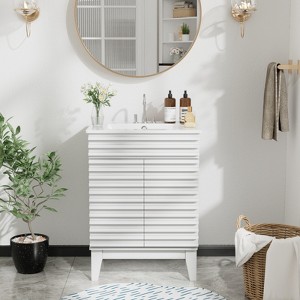 ROOMTEC 24 in. Bathroom Vanity with Ceramic Sink, Mid-Century Cabinet with 2 Soft-Close Doors, Freestanding, Wood Grain Laminate, Walnut - 1 of 4