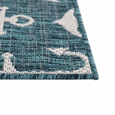 Teal and Ivory Nautical Anchor Outdoor Rug 4' x 6'