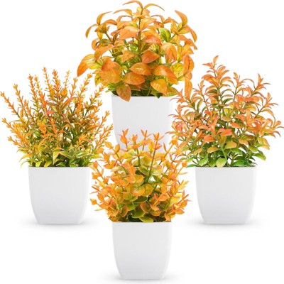 BRINJOY 4 Pack Fall Fake Plants Mini Artificial Green Plants Pots Fall Decorations Home Decor Indoor Office Desk Room Farmhouse Bathroom Fall Decor