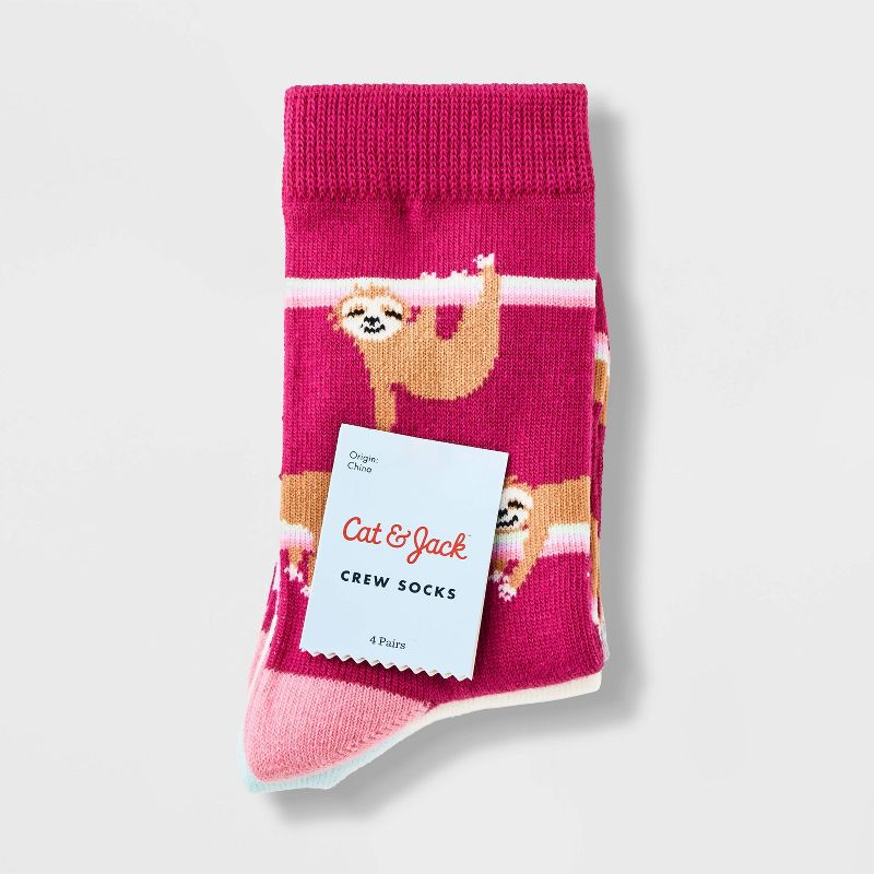 Girls' 4pk Sloth Crew Socks - Cat & Jack™ Rose Pink, 3 of 7