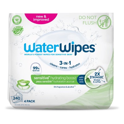 WaterWipes Plastic-Free Hydrating Clean 99% Water-Based Formula with Aloe Vera Baby Wipes - Unscented - 240ct