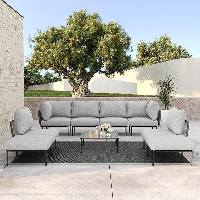 LayinSun 9 Pieces Rope Woven Patio Furniture Set, Modern Modular Sectional Sofa with Coffee Table and Upgrade Thickness Cushion