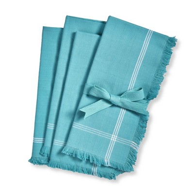 TAG Solid Turquoise with White Border Stripe Cotton Machine Washable Napkin Set of 4