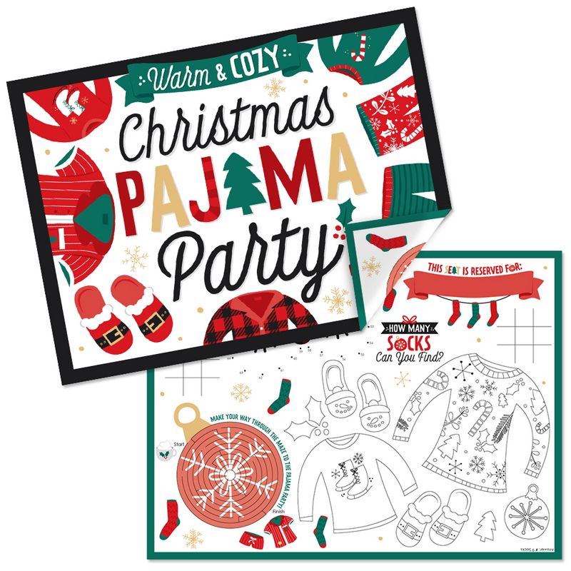 Big Dot of Happiness Christmas Pajamas - Paper Holiday Plaid PJ Party Coloring Sheets - Activity Placemats - Set of 16, 1 of 8