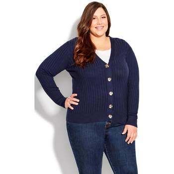 Women's Plus Size Ribbed Knit Button Cardigan - navy | AVENUE