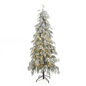 LuxenHome Pre-Lit Snowy Branches Slim Artificial Cedar Christmas Tree with Metal Stand - 1 of 4