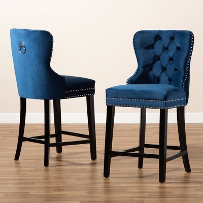 Howell Blue Velvet Upholstered Wood Counter Stools, Set of 2