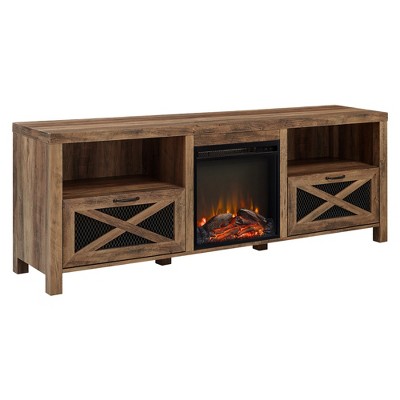 Newark Industrial Farmhouse Drop Down Metal Mesh X Door with Electric Fireplace TV Stand for TVs up to 80" - Saracina Home