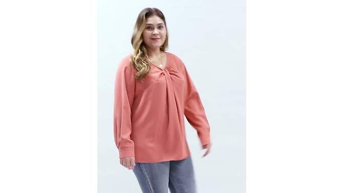 Agnes Orinda Women's Plus Size V Neck Long Sleeve Twist Knot Top, 2 of 7, play video