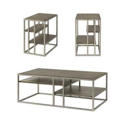 Vynxaria Series 50 in. Brown Rectangular Wood End Table with Metal Frame and Shelves