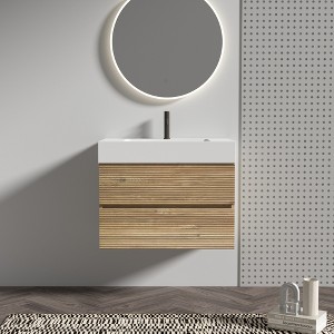 FAMYYT 30 in. Single Sink Floating Rough Oak Bath Vanity with White Engineered Quartz Composite Top, 2 Soft Drawers - 1 of 4