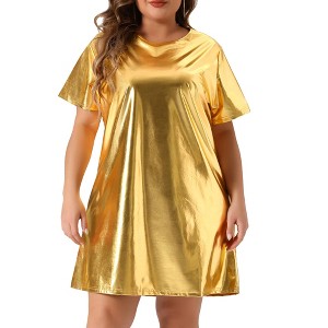 Agnes Orinda Women's Plus Size Metallic Round Neck Short Sleeve Party Loose Mini T-Shirt Dress - 1 of 4