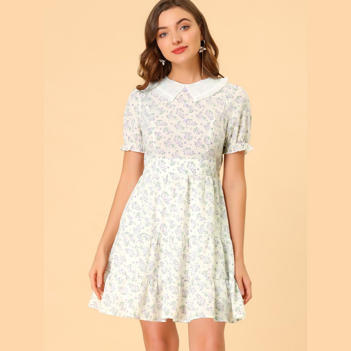 Женские платья INSPIRE CHIC Women's Fit and Flare Peter Pan Collar Floral Dress White Small — фото 5