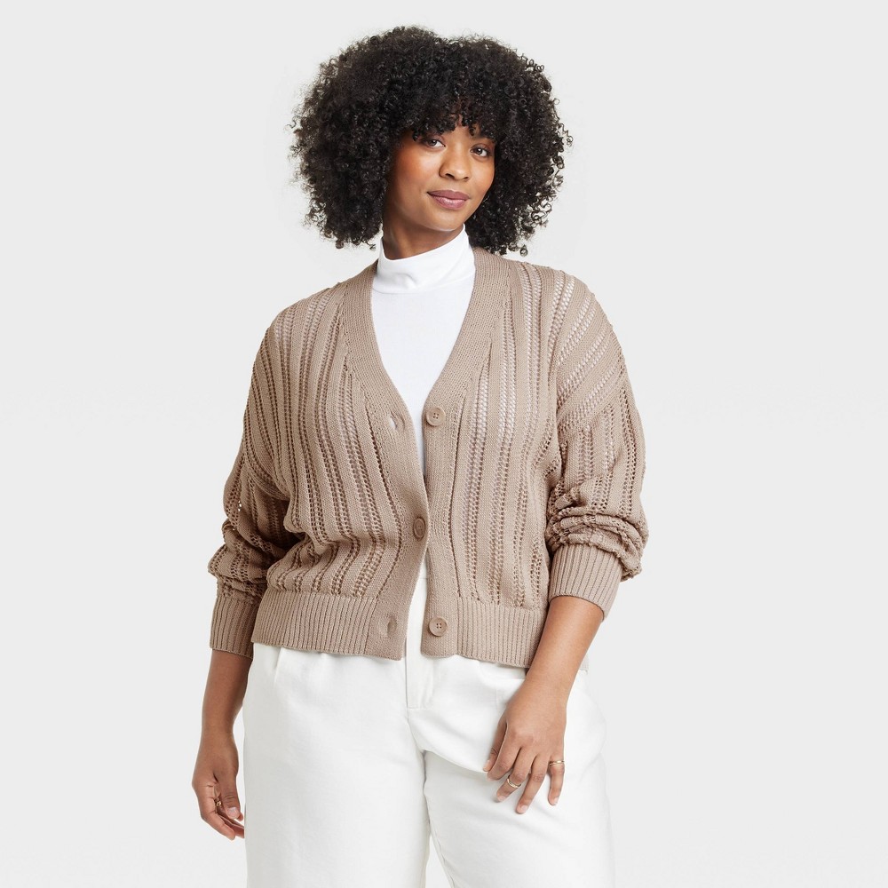 Women's Openwork Cardigan - A New Day™ Tan 3X: Cotton Blend, Recycled Polyester, Midweight, Open Front, Ribbed Cuff & Hem