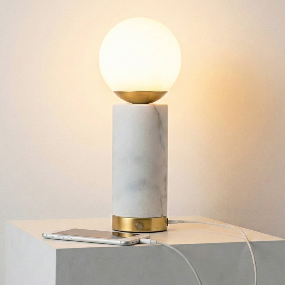 Photos - Floodlight / Street Light Aspen Brightech  Mid-Century Dimmable  USB Charging Table Lamp White Marble (Includes LED Light Bulb)