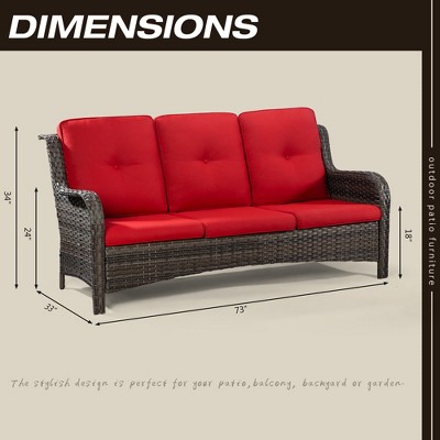 Red Wicker and Metal Outdoor Patio Sofa with Curved Armrests