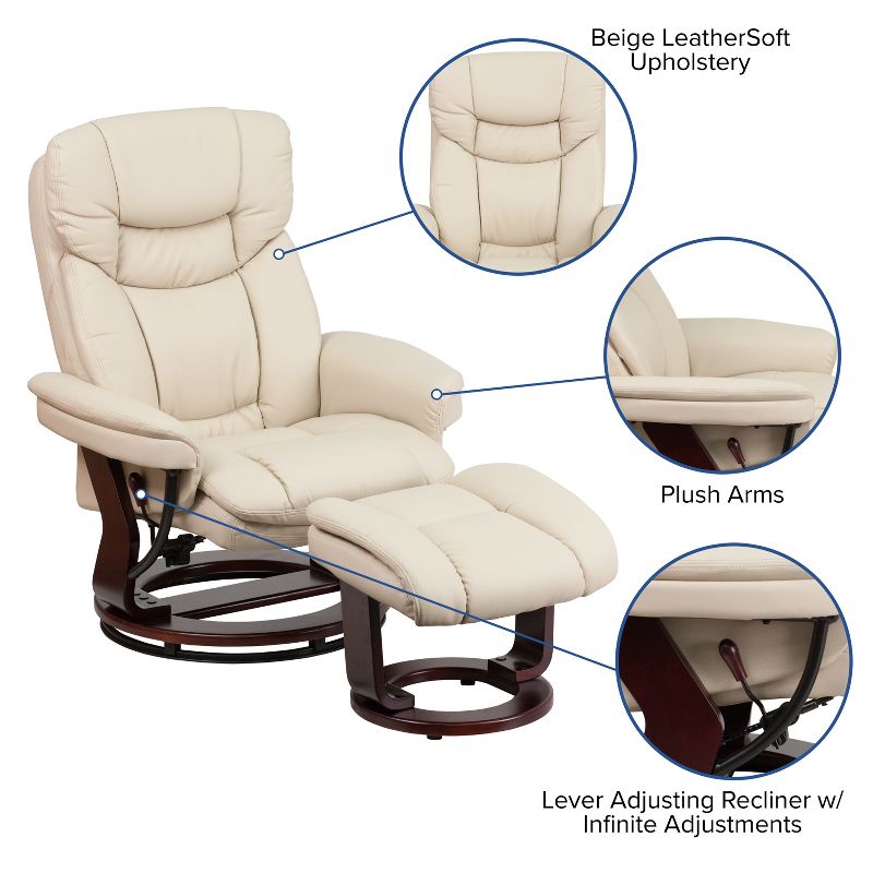 Flash Furniture Contemporary Multi-Position Recliner and Curved Ottoman with Swivel Mahogany Wood Base, 5 of 14