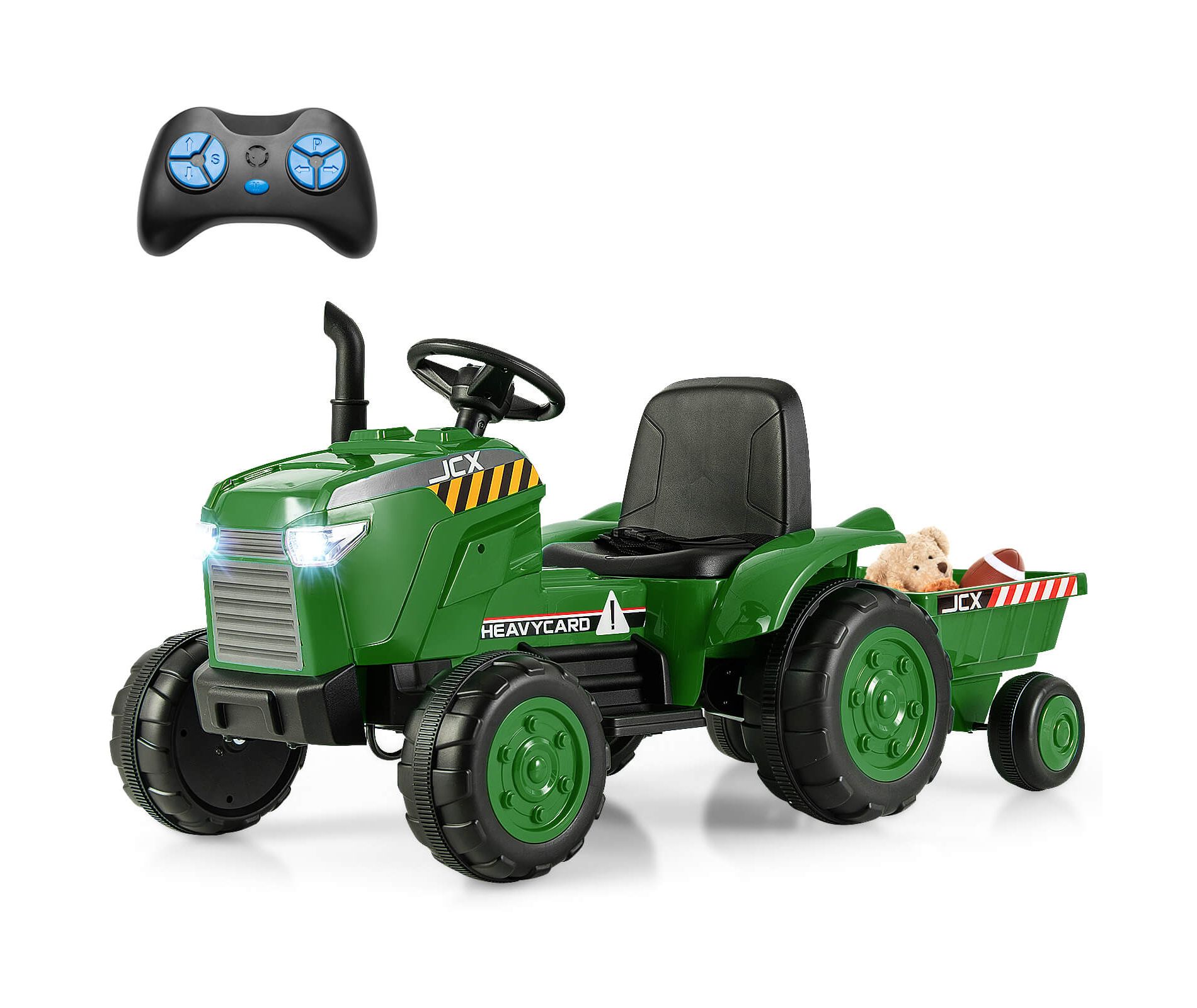 Costway 2-in-1 Electric Toy Car 12V Kids Ride On Tractor w/Trailer Remote Control Lights Grayish Green