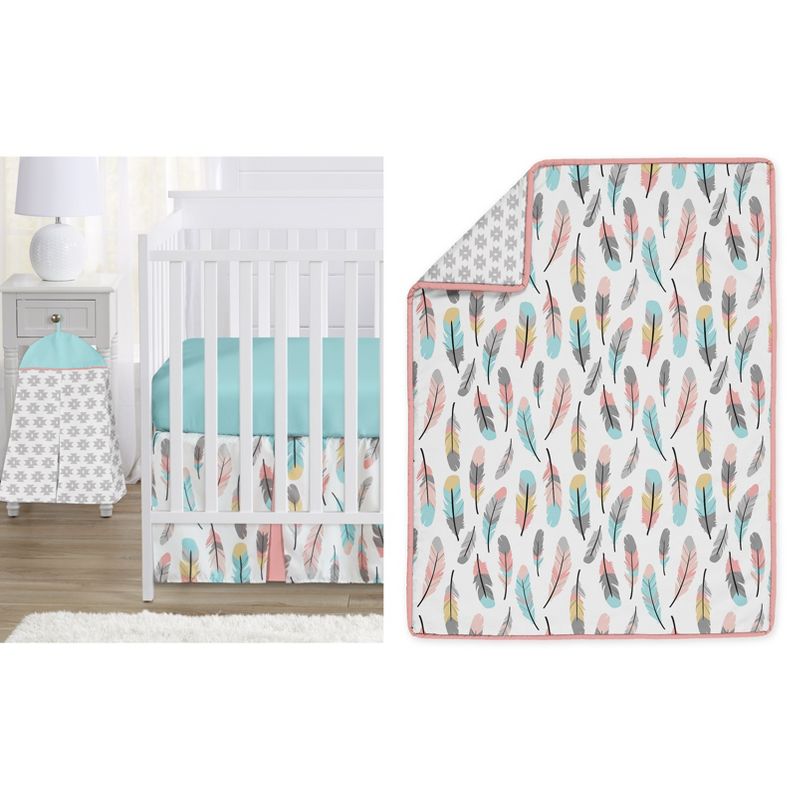 Sweet Jojo Designs Girl Baby Crib Bedding Set - Feather Collection Blue, Pink and White 4pc, 1 of 8
