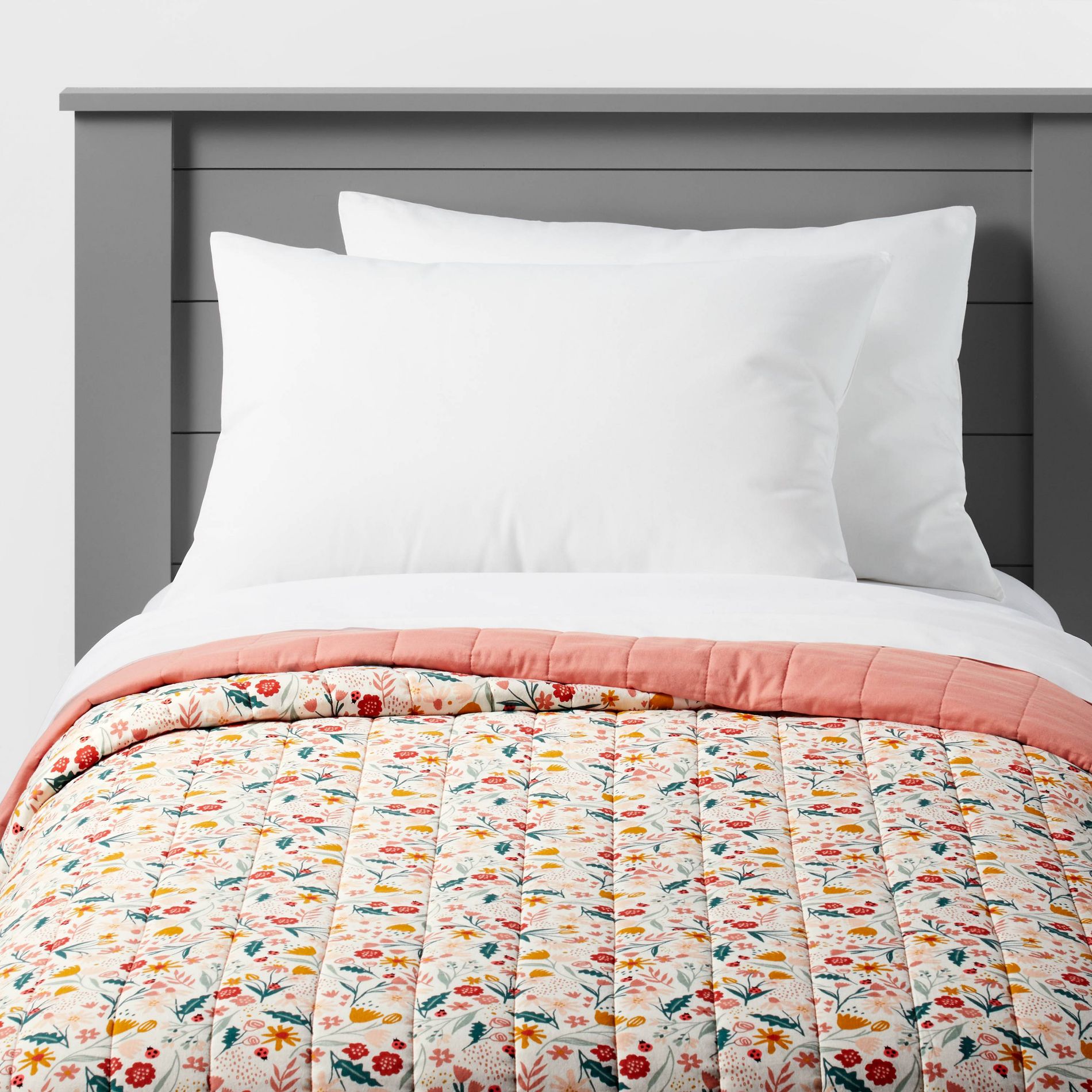 Twin Garden Floral Cotton Kids' Quilt - Pillowfort™: Girls Bedding, Twin Size, Pink Botanical Pattern, OEKO-TEX Certified