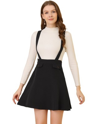 Allegra K Women's Pinafore Flared Skater Suspender Overall Skirts Black ...