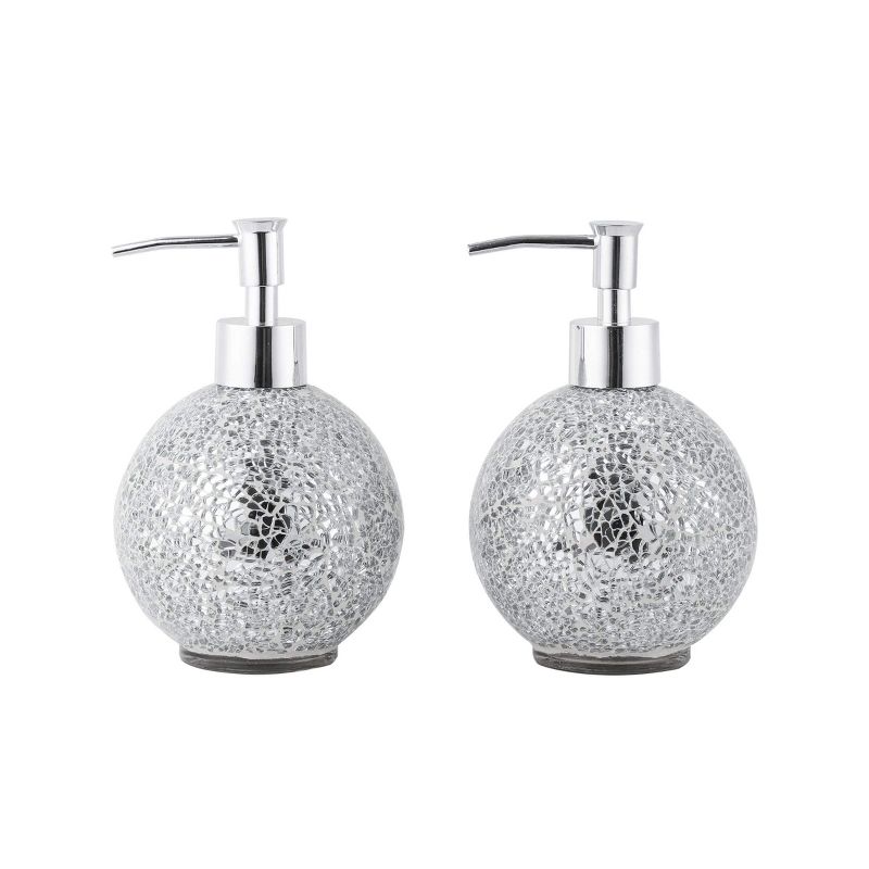 WHOLE HOUSEWARES 14 Ounce Glass Mosaic Hand Soap Dispenser for Bathroom, Set of 2, Silver, 1 of 5