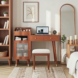 Resenkos Modern Makeup Vanity Desk with Drawers, Cabinet & Charging Port, Walnut Brown - 1 of 4