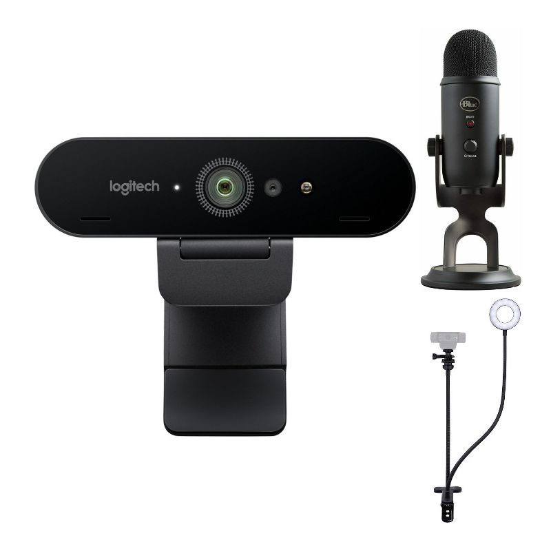 Logitech 4K Pro Webcam, Blue Microphones Yeti Blackout, Ring Light, Webcam Stand, 1 of 4