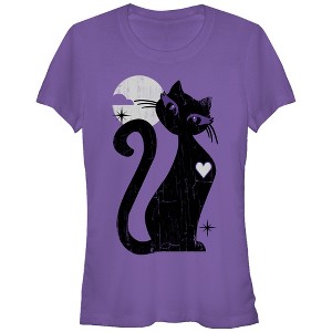 Juniors Womens Lost Gods Halloween Full Moon Cat Heart T-Shirt - 1 of 3