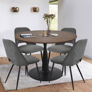 Harold+Edwin 5-Piece Dining Table Set Walnut Foil Round Top Pedestal Dining Room Set with 4 Upholstered Chairs for Apartment - Maison Boucle - 1 of 4