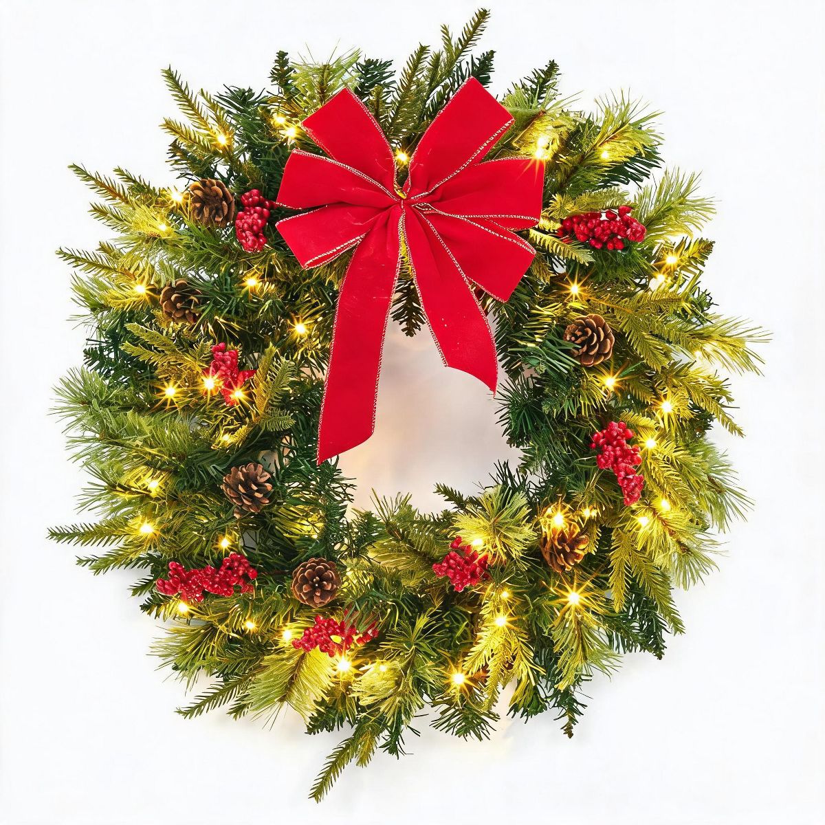 Garvee 24 Inch Pre-Lit Christmas Wreath, Artificial Green Wreath with Red Bows and 50 Warm Lights for Front Door Window Mantel Decor