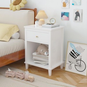 ORRD Wooden Nightstand with One Drawer One Shelf for Kids, Adults, White - 1 of 4