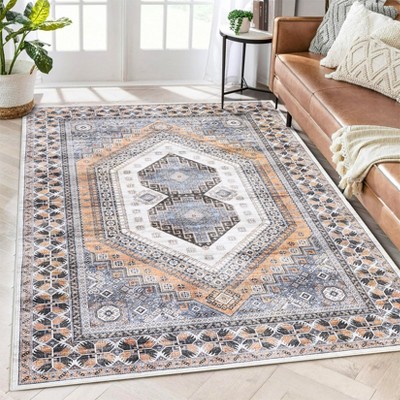 Washable 5x7 Area Rugs, Living Room Low Pile Rug - Bedroom Kitchen Laundry Rugs Oriental Medallion Distressed Area Rug, Boho Rug Farmhouse Throw Rugs
