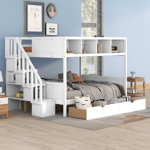 Twin over Full Bunk Bed with Shelves, Storage Staircase and 2 Drawers 4N - ModernLuxe - 1 of 4