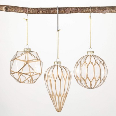 6"H  4"H and 4"H Sullivans Modern Gold and Glass Ornaments - Set of 3  Clear Christmas Ornaments