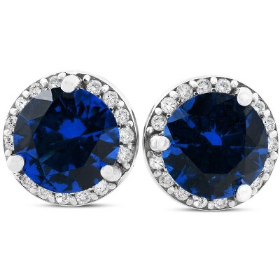 Pompeii3 1 Ct Genuine Blue Sapphire & Diamond Halo Studs 10K White Gold Earrings