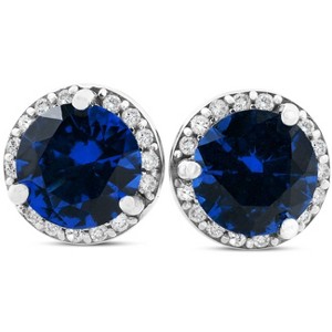Pompeii3 1 Ct Genuine Blue Sapphire & Diamond Halo Studs 10K White Gold Earrings - 1 of 4
