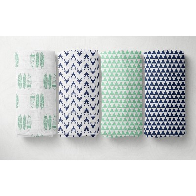 Bacati - Noah Mint/Navy Buck/Feathers/Triangles Muslin Swaddling Blankets set of 4
