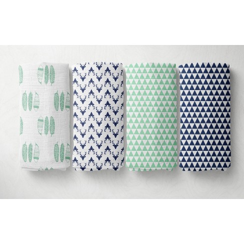 Bacati - Noah Mint/Navy Buck/Feathers/Triangles Muslin Swaddling Blankets set of 4 - image 1 of 4