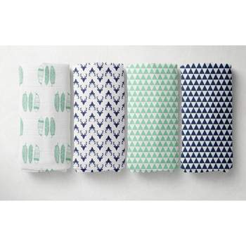 Bacati - Noah Mint/Navy Buck/Feathers/Triangles Muslin Swaddling Blankets set of 4