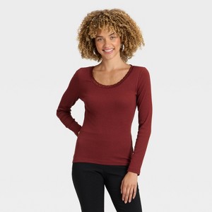 Women's Long Sleeve Lace Trim Scoop Neck Top - A New Day™ - 1 of 4