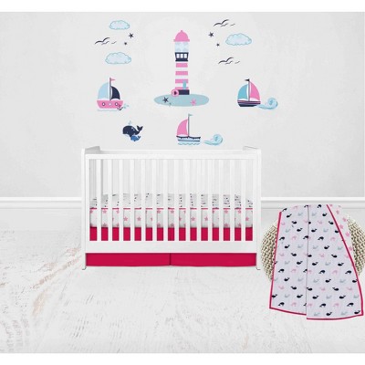 Bacati - Girls Nautical Muslin Whales Boat Pink Blue Navy 3 pc Crib Bedding Set