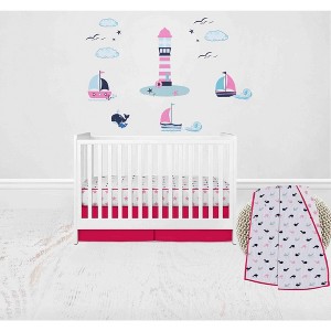 Bacati - Girls Nautical Muslin Whales Boat Pink Blue Navy 3 pc Crib Bedding Set - 1 of 4