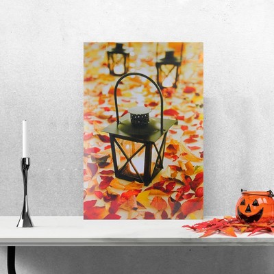 Autumn Lanterns LED Lighted Canvas Art Print with Fall Leaves