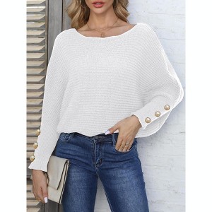 Womens Pullover Sweater Button Detail Round Neck Long Bat Sleeve Loose Knit Top White XXL - 1 of 4