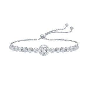 Bella Silver Sterling Silver Round CZ Halo Bezel-Set CZ Adjustable Bolo Bracelet - Silver - 10 Inch - 1 of 2